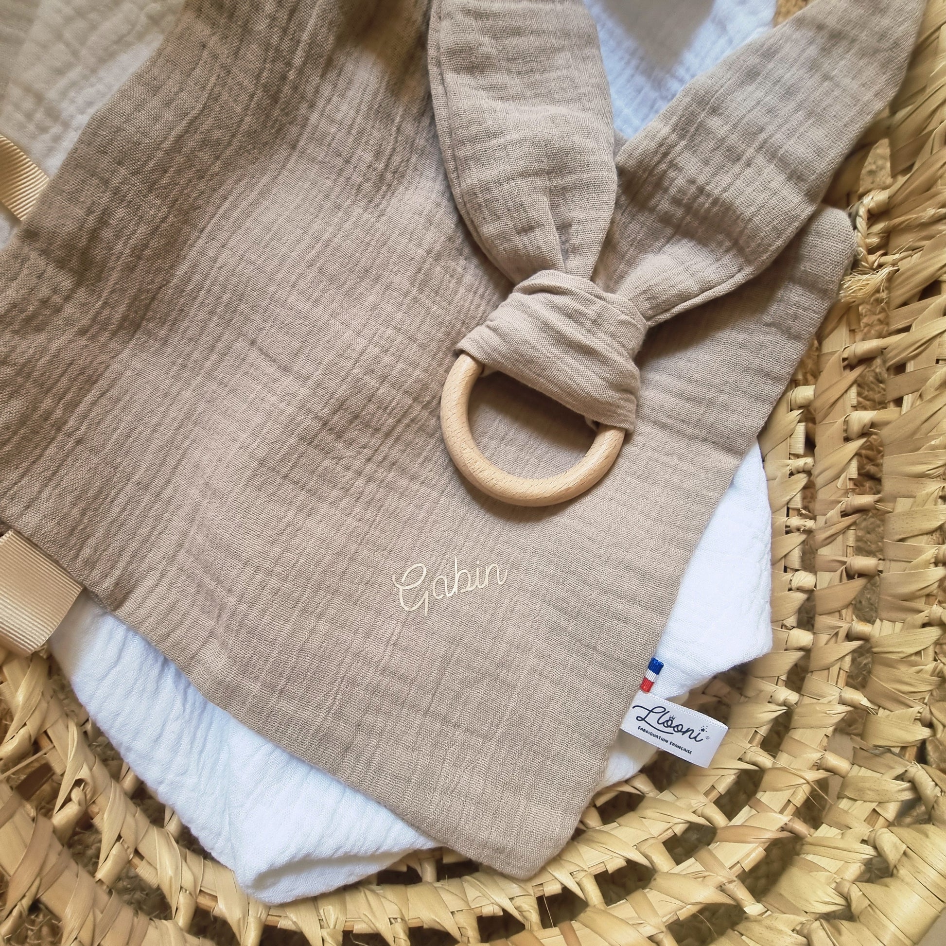 Doudou lapin personnalisable en lange double gaze · Beige Llooni