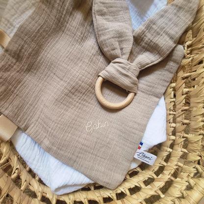 Doudou lapin personnalisable en lange double gaze · Beige Llooni
