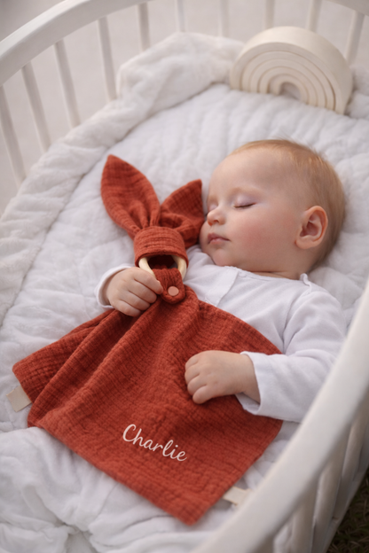 Doudou lapin personnalisable · Lange double gaze Terracotta