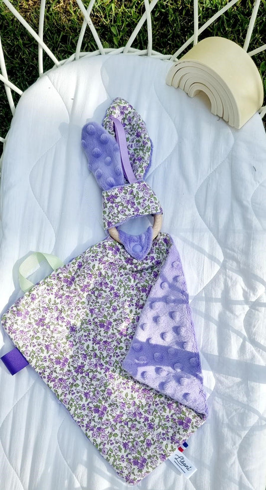 doudou bébé coton petites fleurs violettes minky violet verso