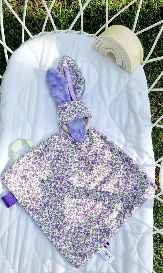 doudou bébé coton petites fleurs violettes minky violet 