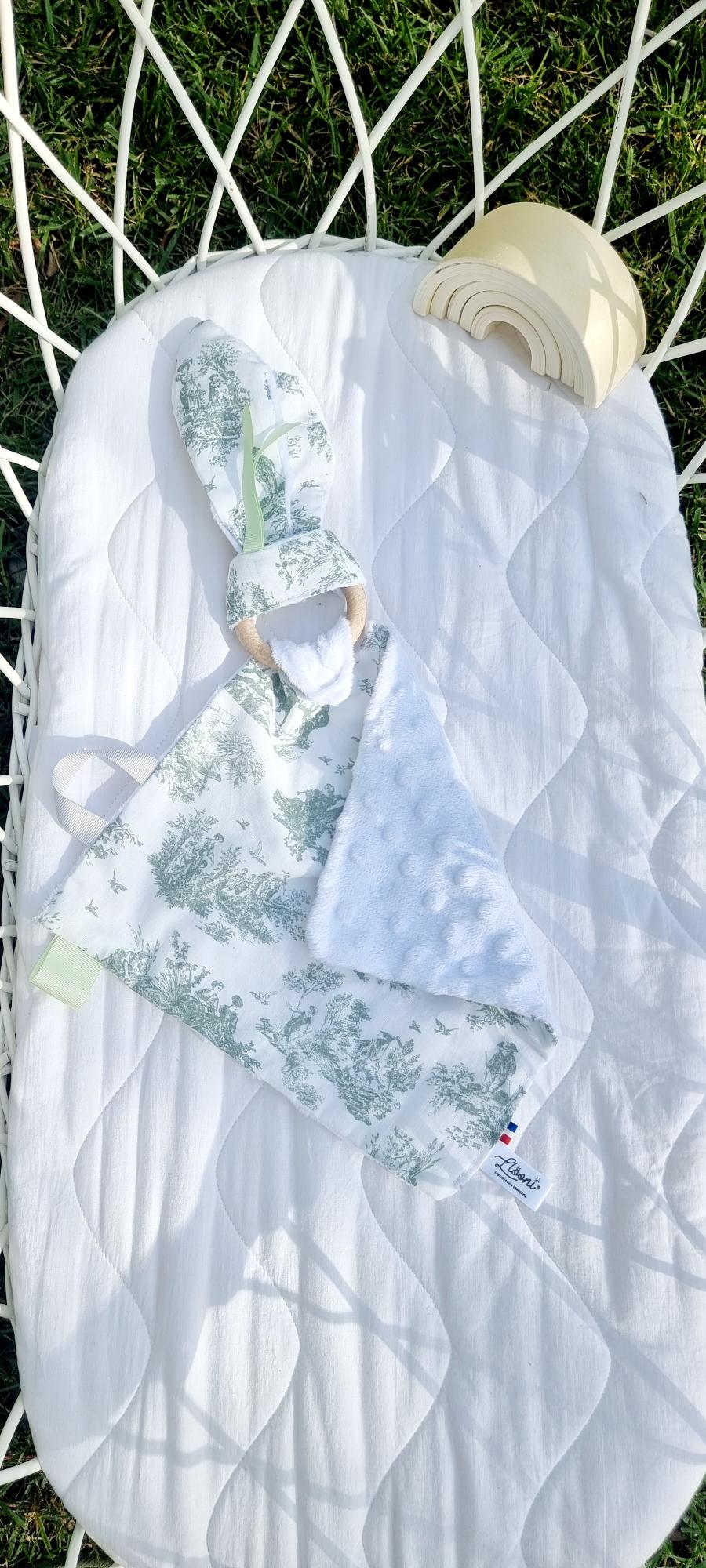 doudou toile Jouy blanc vert minky blanc made in France