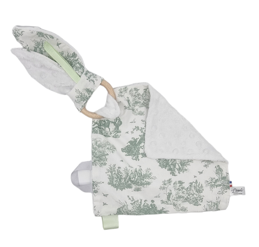 doudou plat toile Jouy blanc et vert minky blanc Made in France