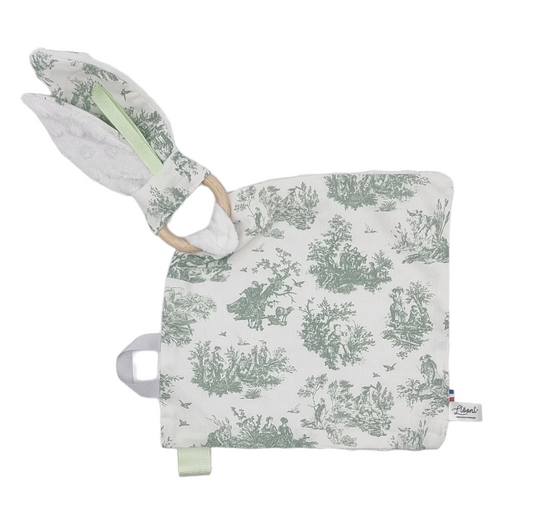 doudou plat toile Jouy blanc et vert Made in France