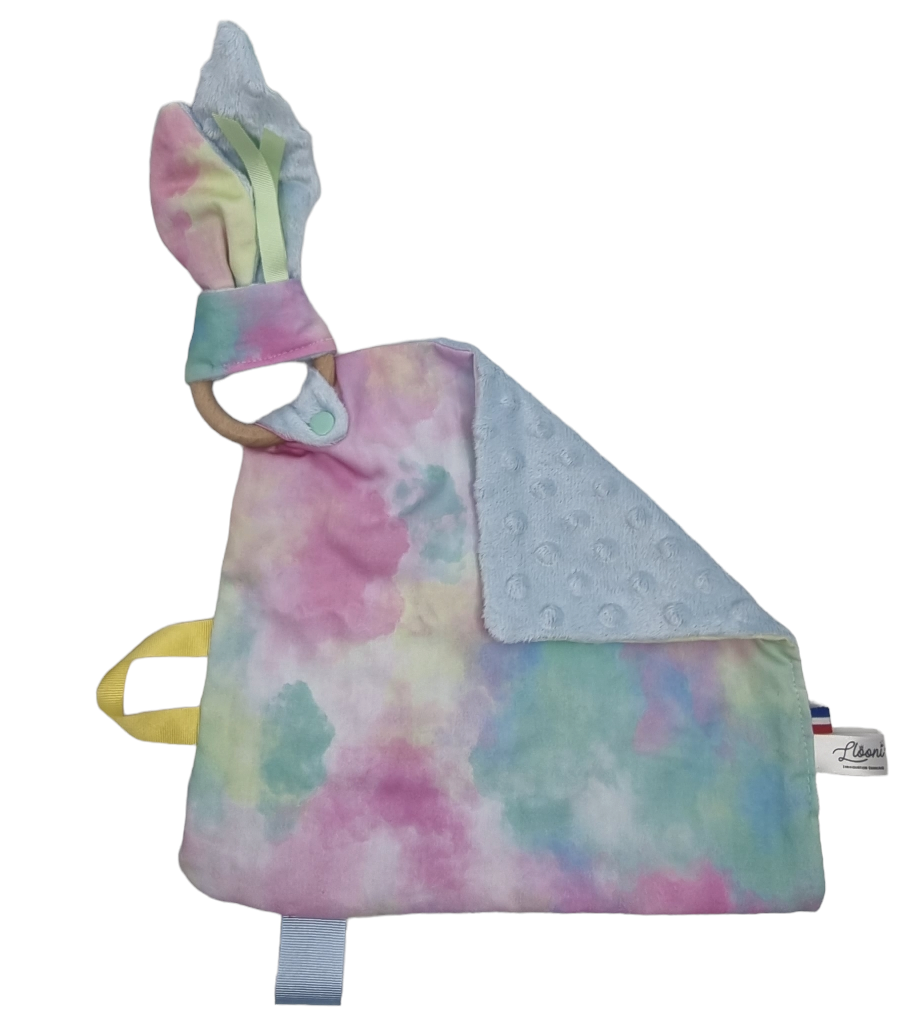 Doudou plat lapin coton Le Pastel verso bleu anneau de dentition attache tétine fabriqué en France Llooni