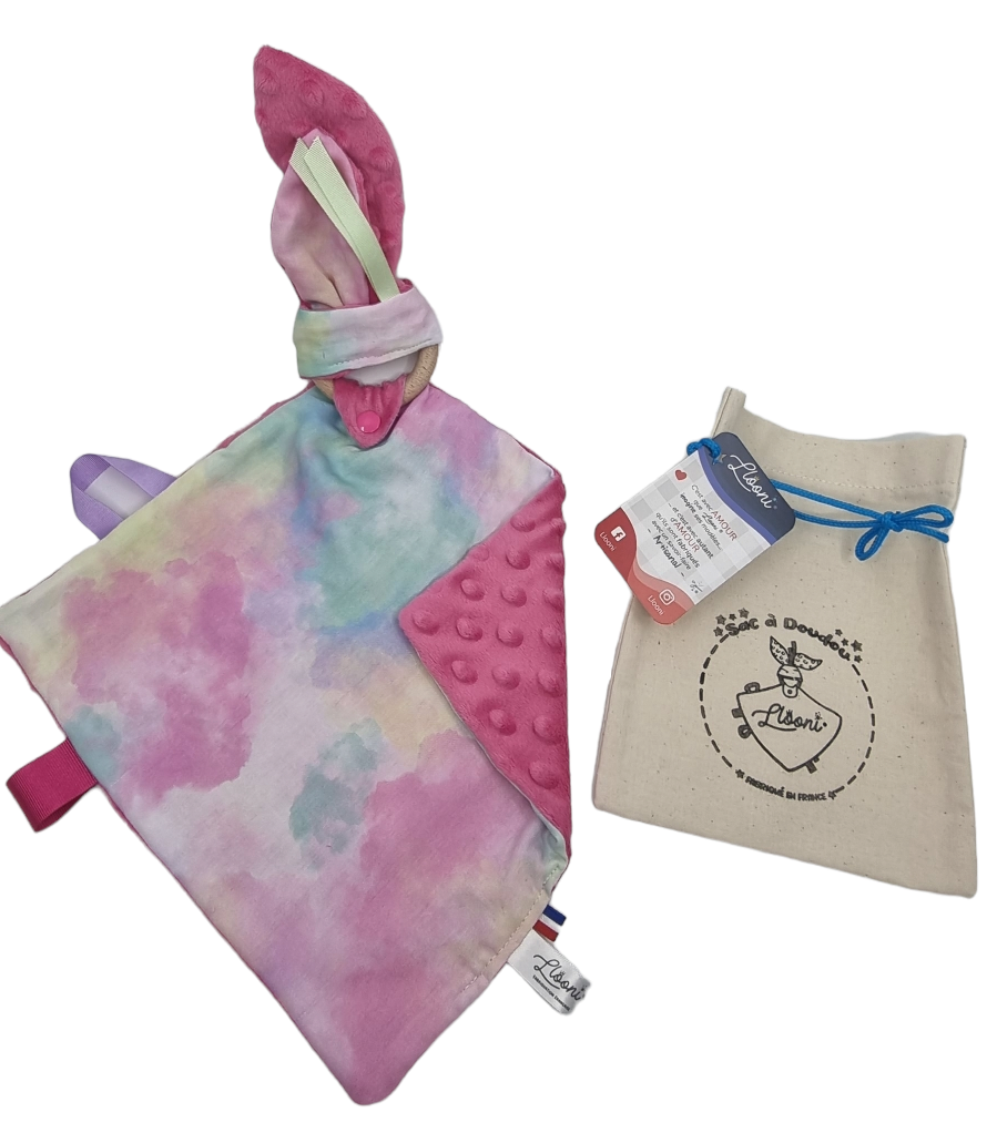 Doudou plat lapin coton Le Pastel rose pochon anneau de dentition attache tétine fabriqué en France Llooni