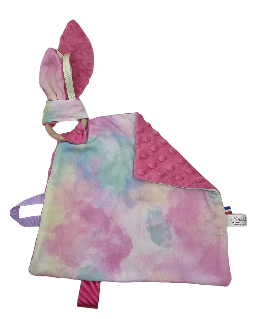 Doudou plat lapin coton Le Pastel verso rose anneau de dentition attache tétine fabriqué en France Llooni